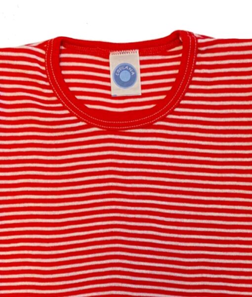 Cosilana t-skjorte i økologisk ull/silke striper natur og rød nærbilde