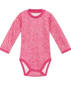 Myk og varm body fra ColorWool Merino i ull/bambusviskose med bladmønster. Det er tynn bambusviskose innerst og fin merinoull ytterst. Dette er en kvalitet vi anbefaler til ekstra sensitiv hud. Bodyen har knepping på skulderen og sitter fint i halsen så den lille ikke blir kald på brystet. Laget av 50% merinoull, 45% bambusviskose og 5% polyamid. En super ullkvalitet som holder seg fint vask etter vask. Sertifisert med Standard 100 fra OEKO-TEX®.