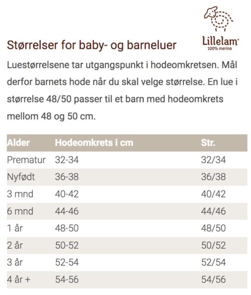 Størrelser for baby- og barneluer Lillelam