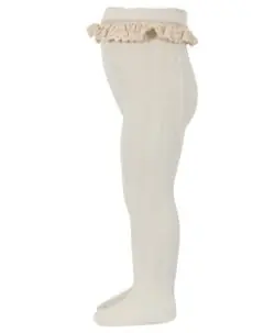 mp Denmark strømpebukse i ull med mønsterstrikk og blondekant ecru