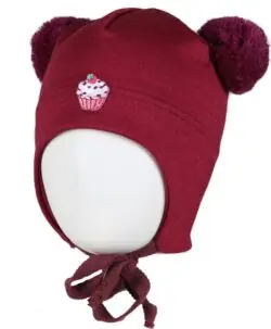KIVAT lue med vindstopper ull/silke med knyting og to dusker cupcake burgunder