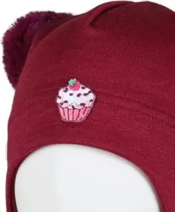 Alternative view of KIVAT lue med vindstopper ull/silke med knyting og to dusker cupcake burgunder