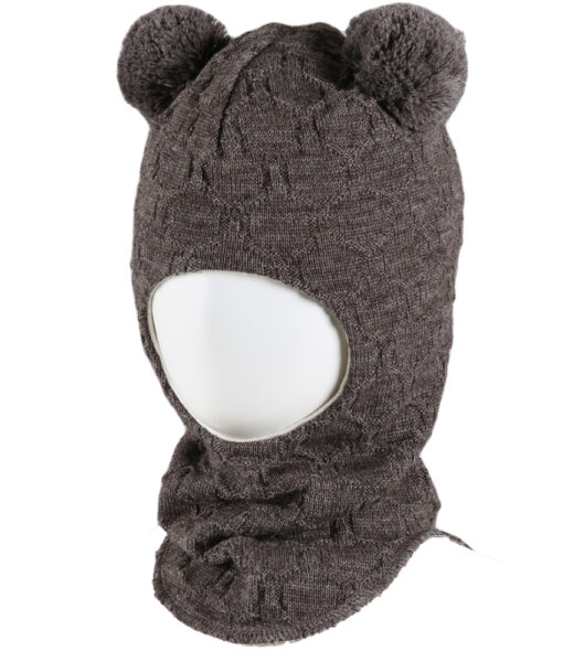 KIVAT foret balaclava i ull med to dusker struktur strikk Brunmelert