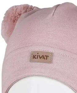 Alternative view of KIVAT myk lue med vindstopper i ull/silke med knyting og to dusker pudderrosa