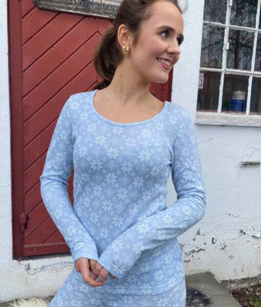 Joha Dame genser ull/bambusviskose snøkrystaller lys blå