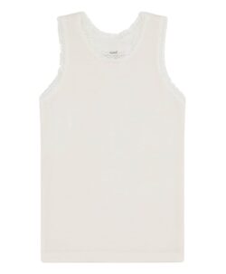 Myk singlet fra Hust&Claire laget av 50% merinoull, 45% bambusviskose og 5% polyamid. Det er myk bambusviskose innerst mot huden og ull på utsiden som luner godt. Søte blonder. Dette er en ullkvalitet som er fin for sensitiv hud. Sertifisert med Standard 100 fra OEKO-TEX®.