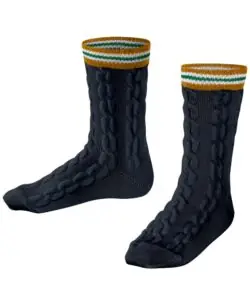 Falke Preppy Cable Kids ullsokker varmer og sitter godt på foten. Nydelig kabelstrikkmønster med striper i den ribbestrikkede kanten øverst på sokken. Laget av 66% ren ny ull og 34% polyamid.