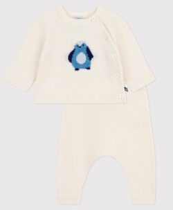 Petit Bateau sett jakke og bukse ull/bomull pingvin marshmallow multico