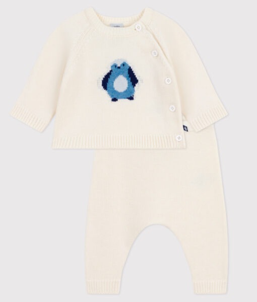Petit Bateau sett jakke og bukse ull/bomull pingvin marshmallow multico
