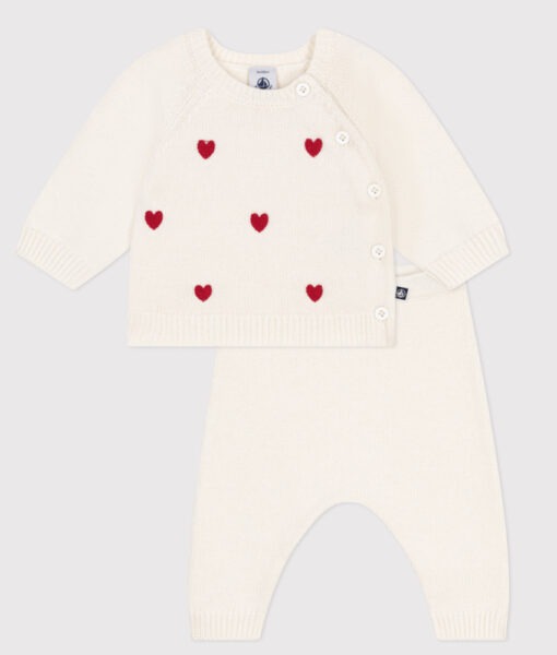 Petit Bateau sett jakke og bukse ull/bomull hjerter marshmallow pompei - Image 2