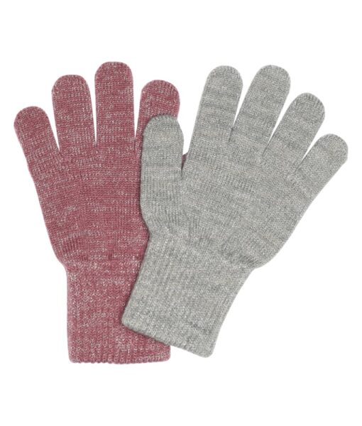 Myke og komfortable vanter fra Melton med en elastisk ribbekant som gjør at vantene sitter godt på hendene. Pakken inneholder et par grå glitter vanter og et par rosa glitter vanter. Laget i en myk blanding av 40% akryl, 35% ull, 20% polyester og 5% elastan.