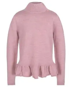 Rosa strikket ullgenser fra Vilje & Ve med høy hals og knappedetaljer, komplettert med en sjarmerende rysjekant nederst. Perfekt for en varm og stilig look og er superfin til Aspen strikket bukse.