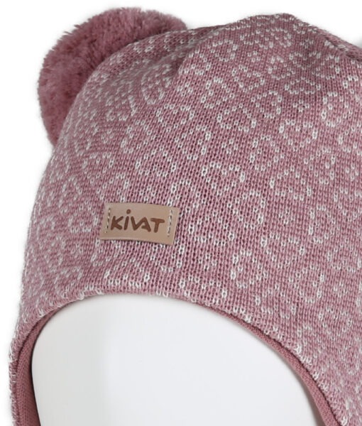 KIVAT foret knytelue i ull to store dusker hjertemønster og logo Gammelrosa og Off-White - Image 2