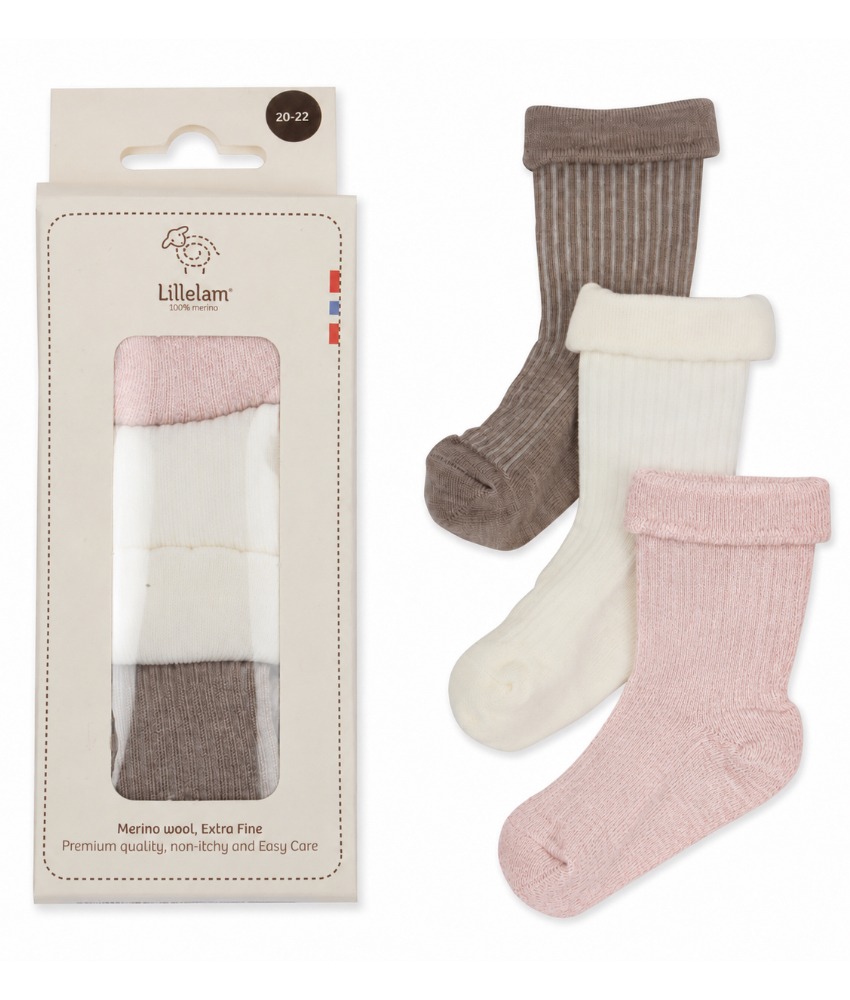 Lillelam 3-pack babysokker i ull gavepakke Himmelrosa