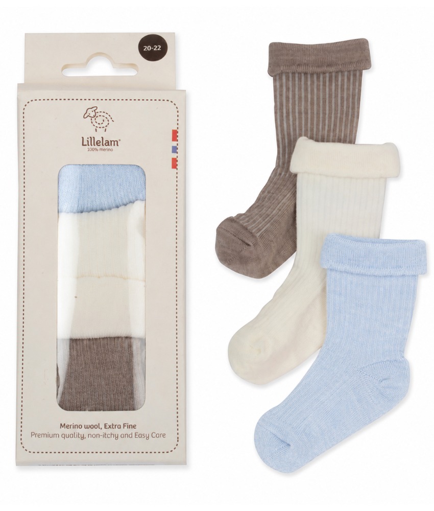 Lillelam 3-pack babysokker i ull gavepakke Himmelblå