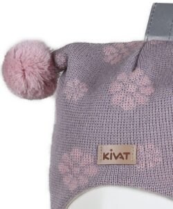 KIVAT foret balaclava i ull med to dusker blomstermønster Støvlilla/Pudderrosa nærbilde