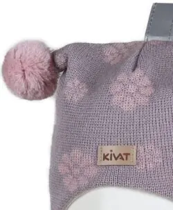 KIVAT foret balaclava i ull med to dusker blomstermønster Støvlilla/Pudderrosa nærbilde